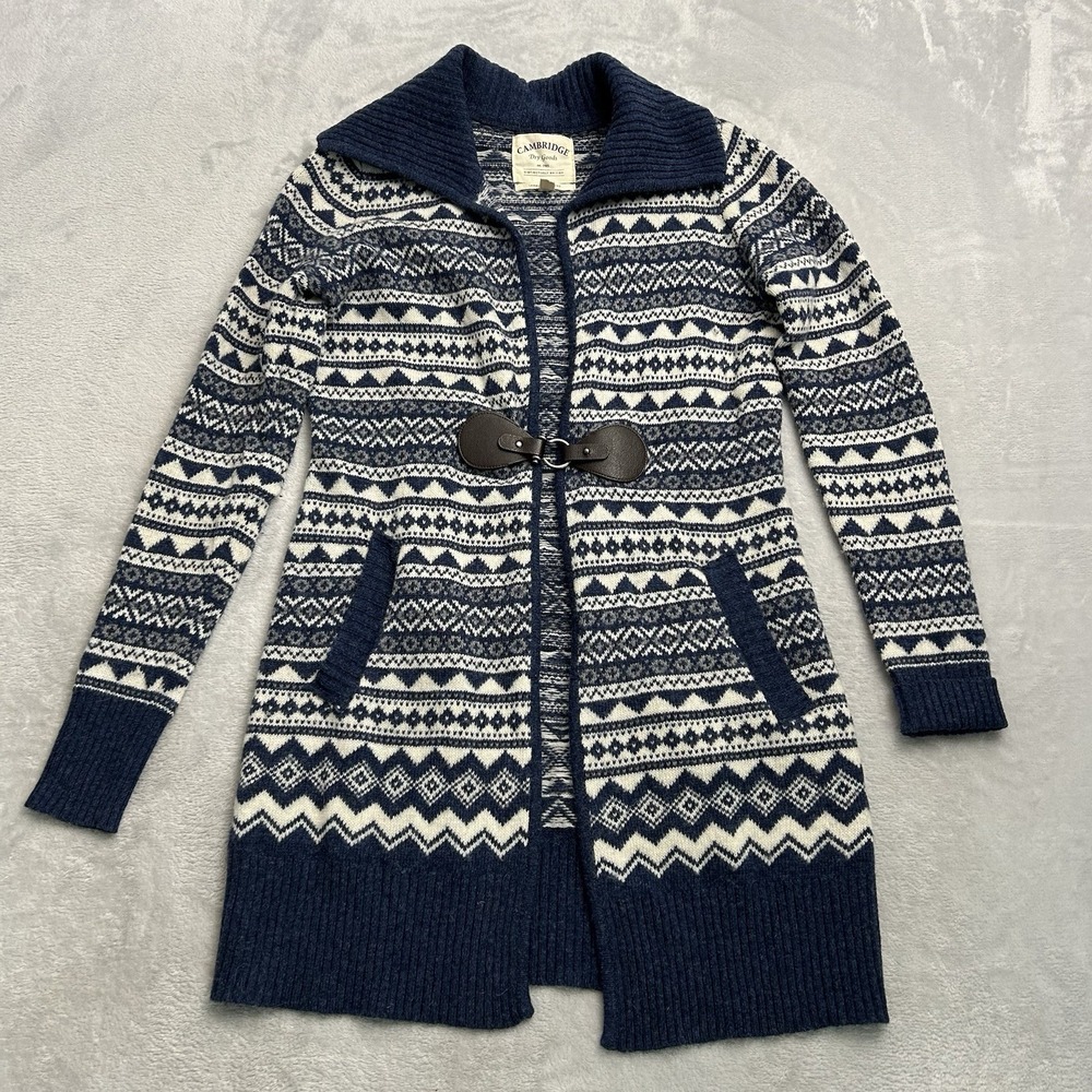Vtg Cambridge Dry Goods Blue Fair Isle Cardigan Sweater Lambswool Buckle S